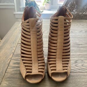 Rebecca Minkoff Tan Strappy Cage Peep-Toe Wedge Heels